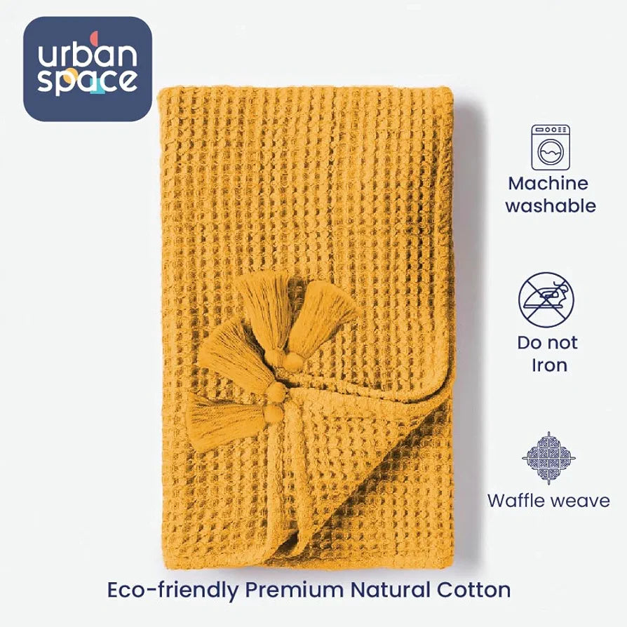 Urban Space 100% Cotton Waffle Throw Blanket, Soft Decorative Throw for Living Room, Sofa, Chair and Couch, Handmade,Reversible and Breathable Throw with Tassels